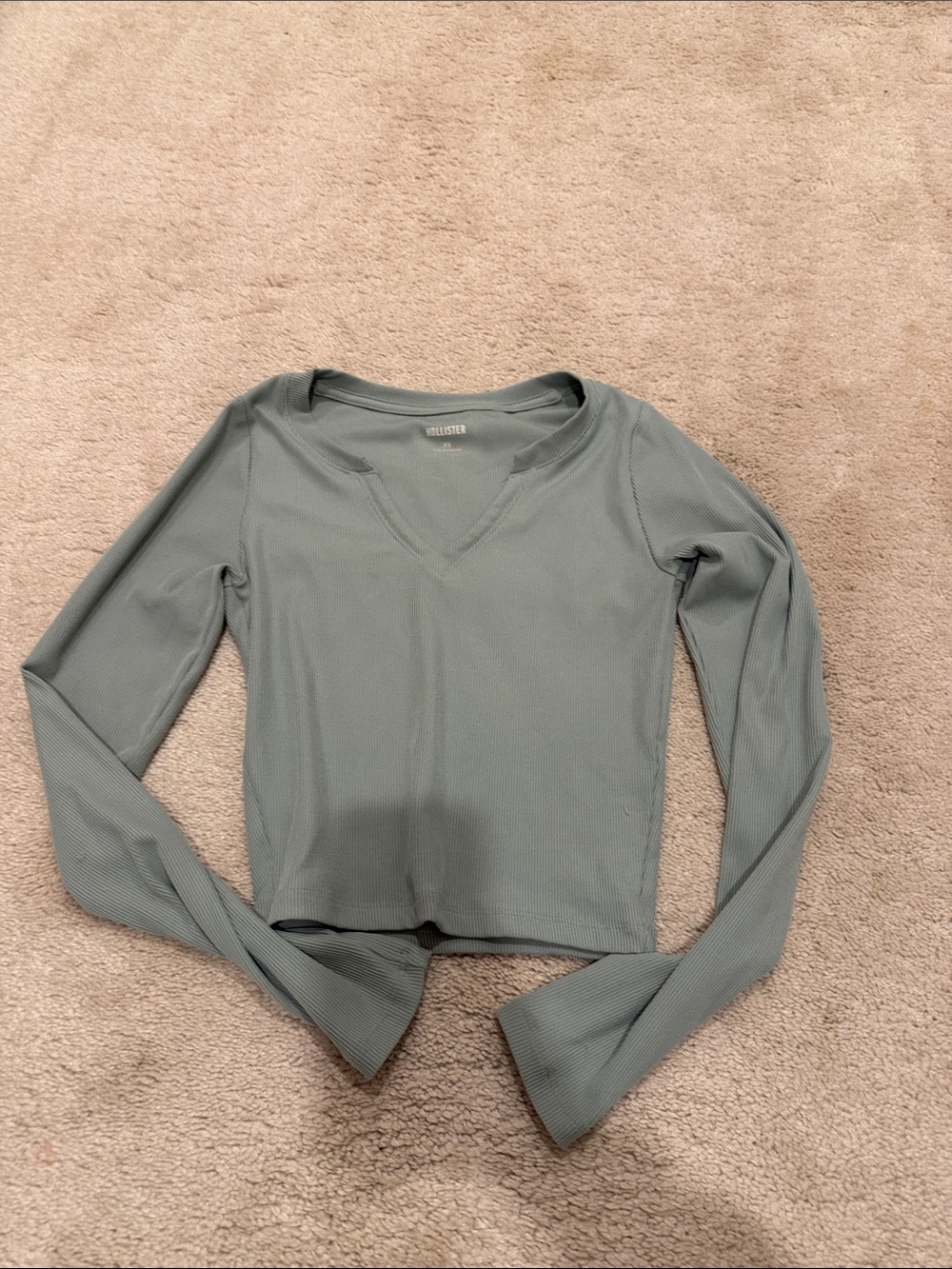 Hollister Sage Green Ribbed Cropped Long-Sleeve V-Neck Top